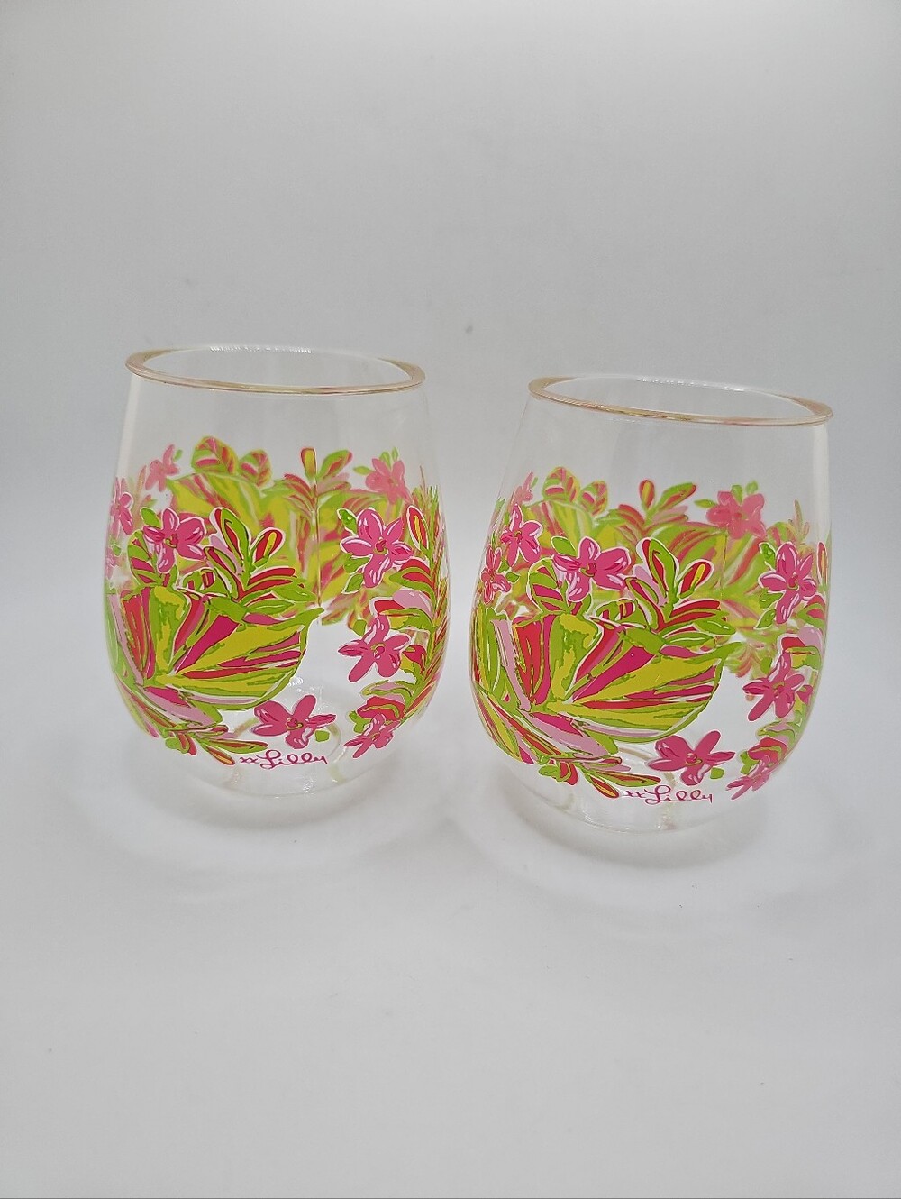 (2) Lilly Pulitzer Acrylic Stemless Wineglasses No Cracks 12 Oz